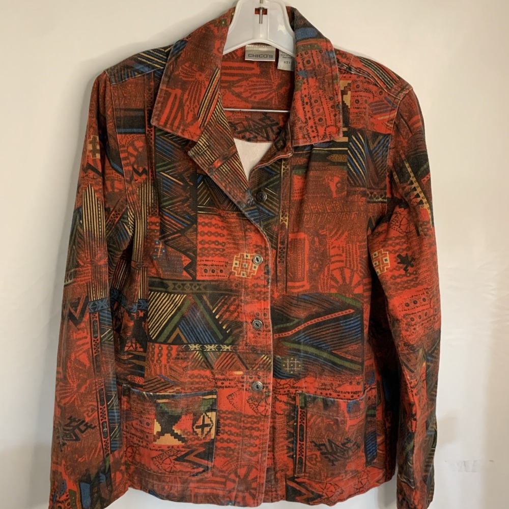 Chicos Women's‎ Size 1 (s-M) Orange Rust Patchwork Button Down Jacket Cotton